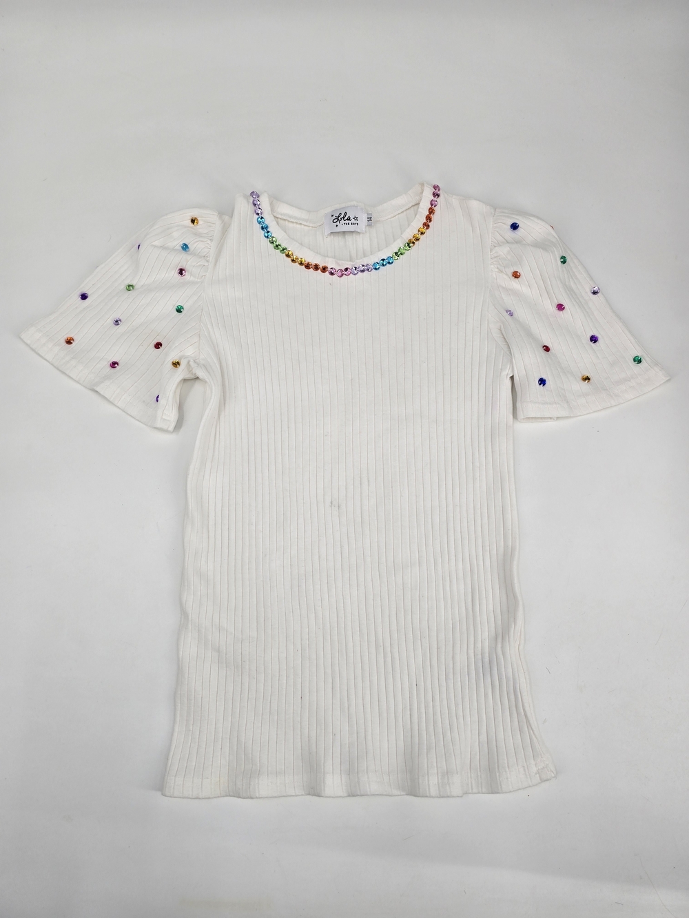 Lola + The Boys White Ribbed Tee with Rainbow Rhinrstones Trim Size 14